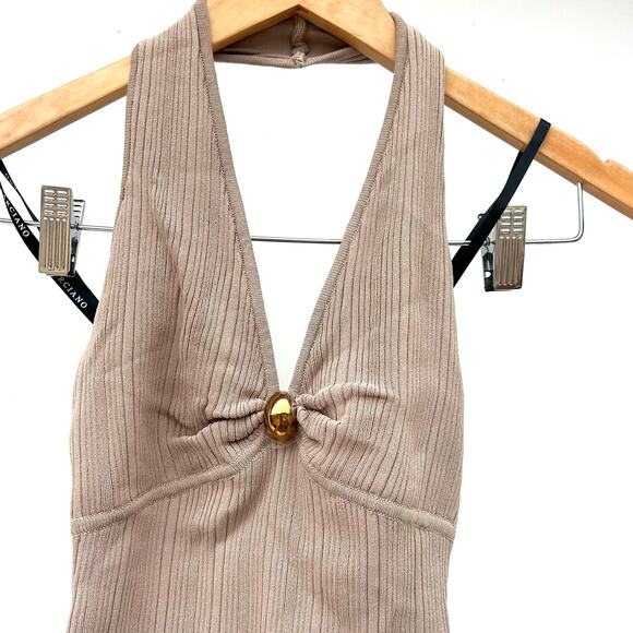 New Marciano By Guess Kathleen Halter Top Ribbed Blouse Taupe Tan XS Extra Small - Picture 5 of 7